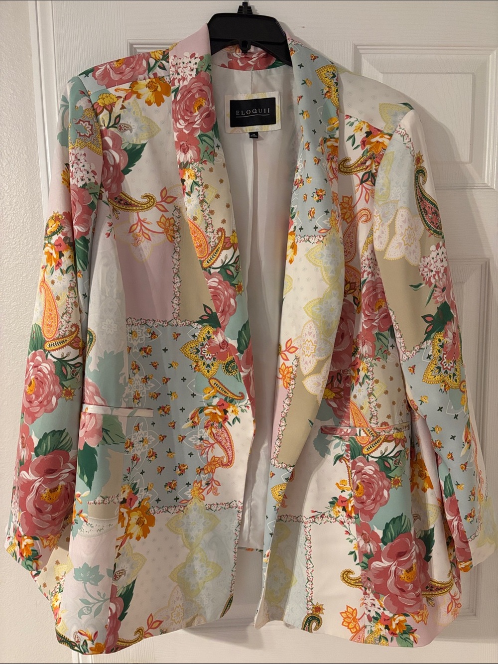 Eloquii Patchwork Floral Blazer in Pink, Cream & Mint